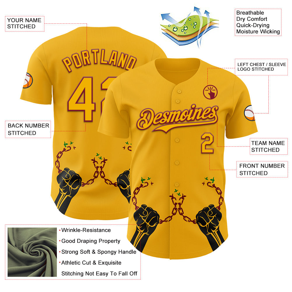 Custom Gold Crimson-Black 3D Pattern Design Black History Month Authentic Baseball Jersey view 3