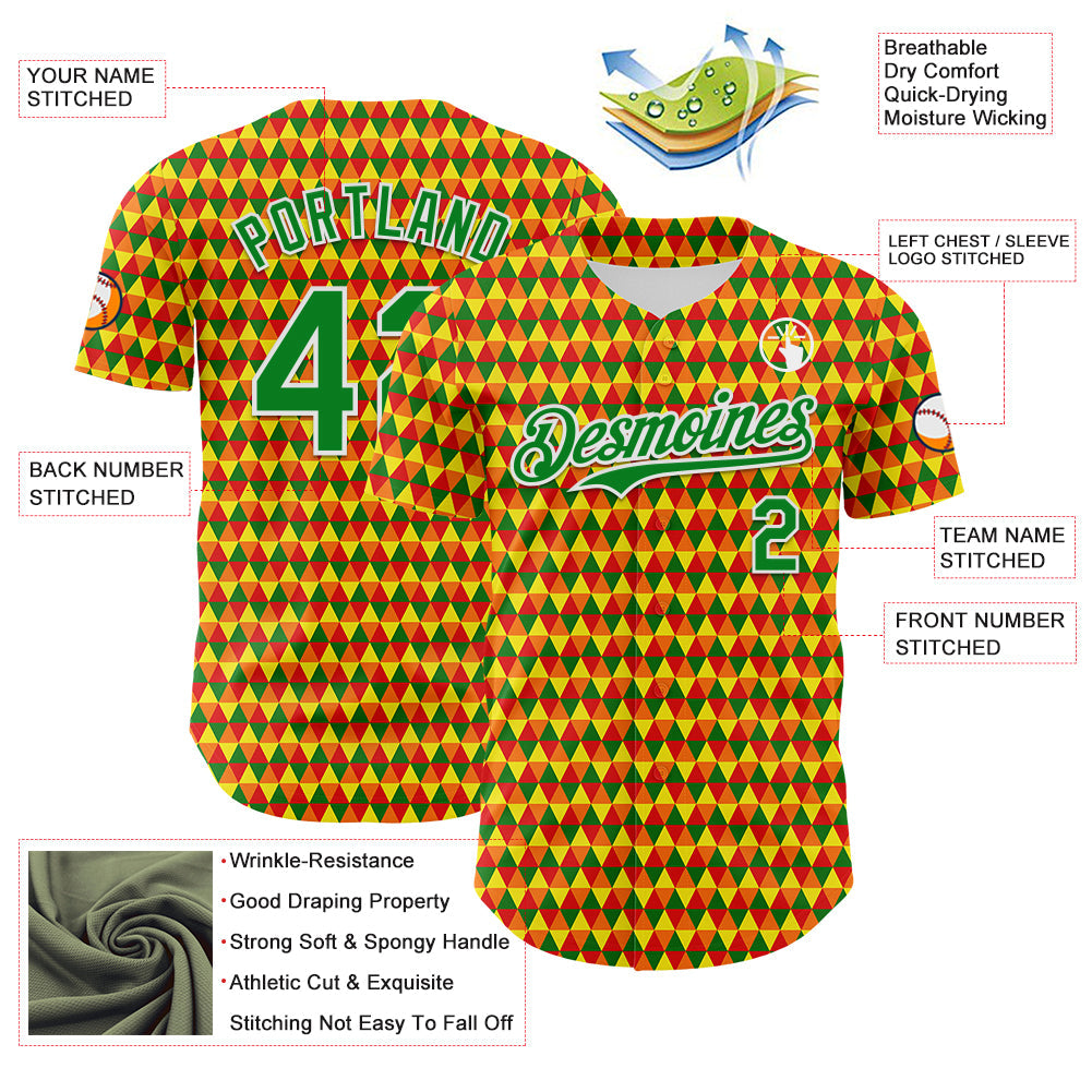 Custom Yellow Grass Green Red-White 3D Pattern Design Black History Month Abstract Geometric Authentic Baseball Jersey view 3