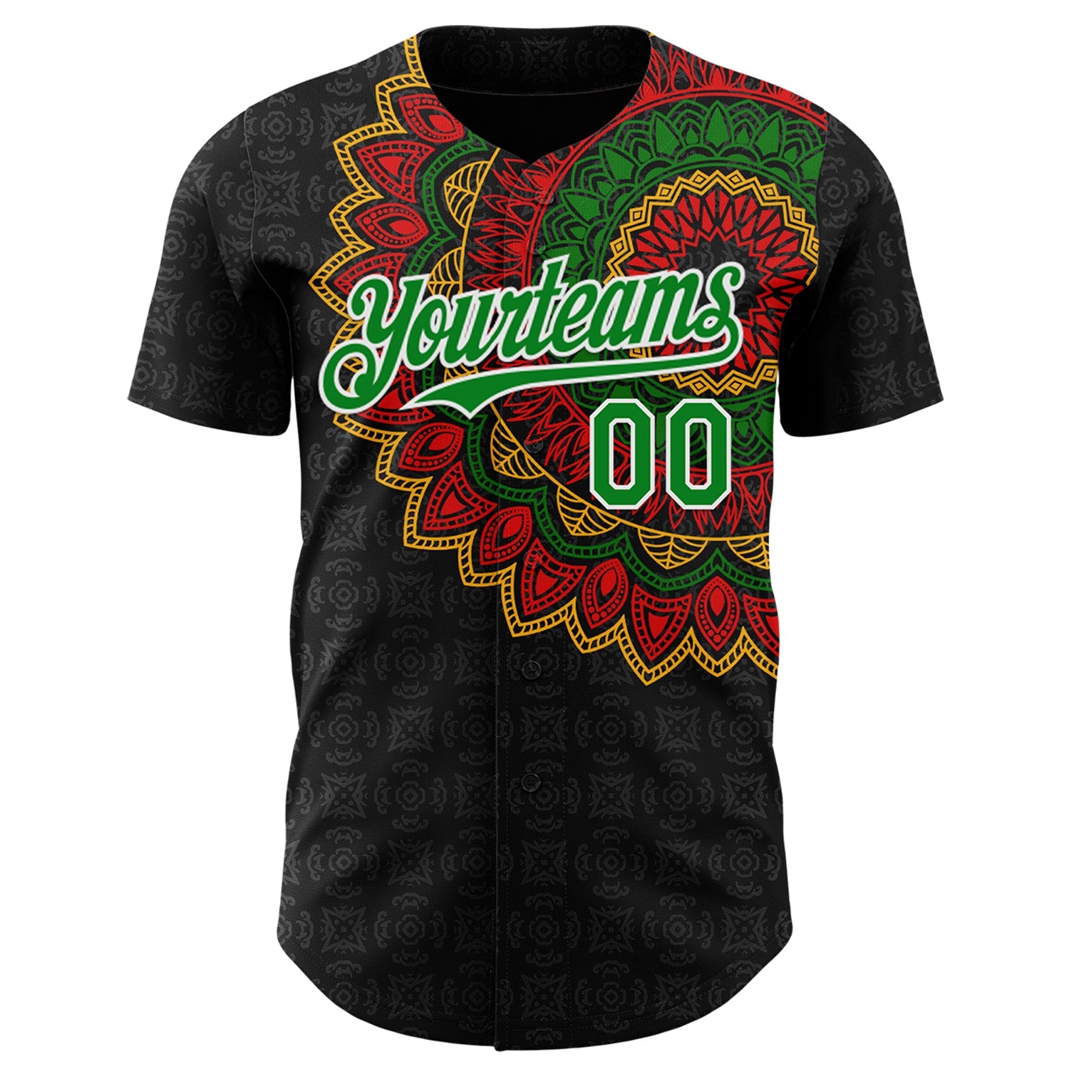 Custom Black Grass Green Red Yellow-White 3D Pattern Design Black History Month African Ethnicity Style Authentic Baseball Jersey view 2