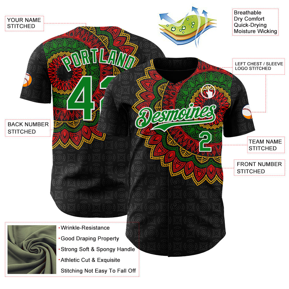 Custom Black Grass Green Red Yellow-White 3D Pattern Design Black History Month African Ethnicity Style Authentic Baseball Jersey view 3