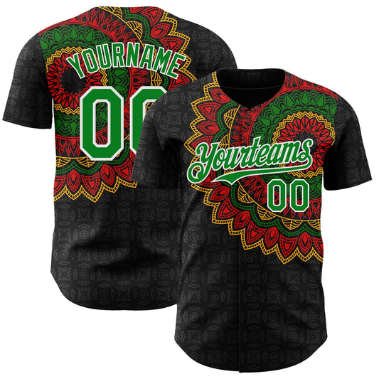 Custom Black Grass Green Red Yellow-White 3D Pattern Design Black History Month African Ethnicity Style Authentic Baseball Jersey - Main View