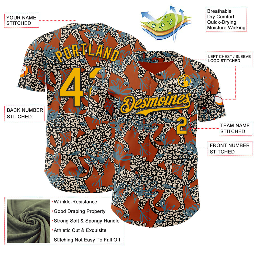 Custom Texas Orange Gold-Black 3D Pattern Design Black History Month Animal Leopard Authentic Baseball Jersey view 3