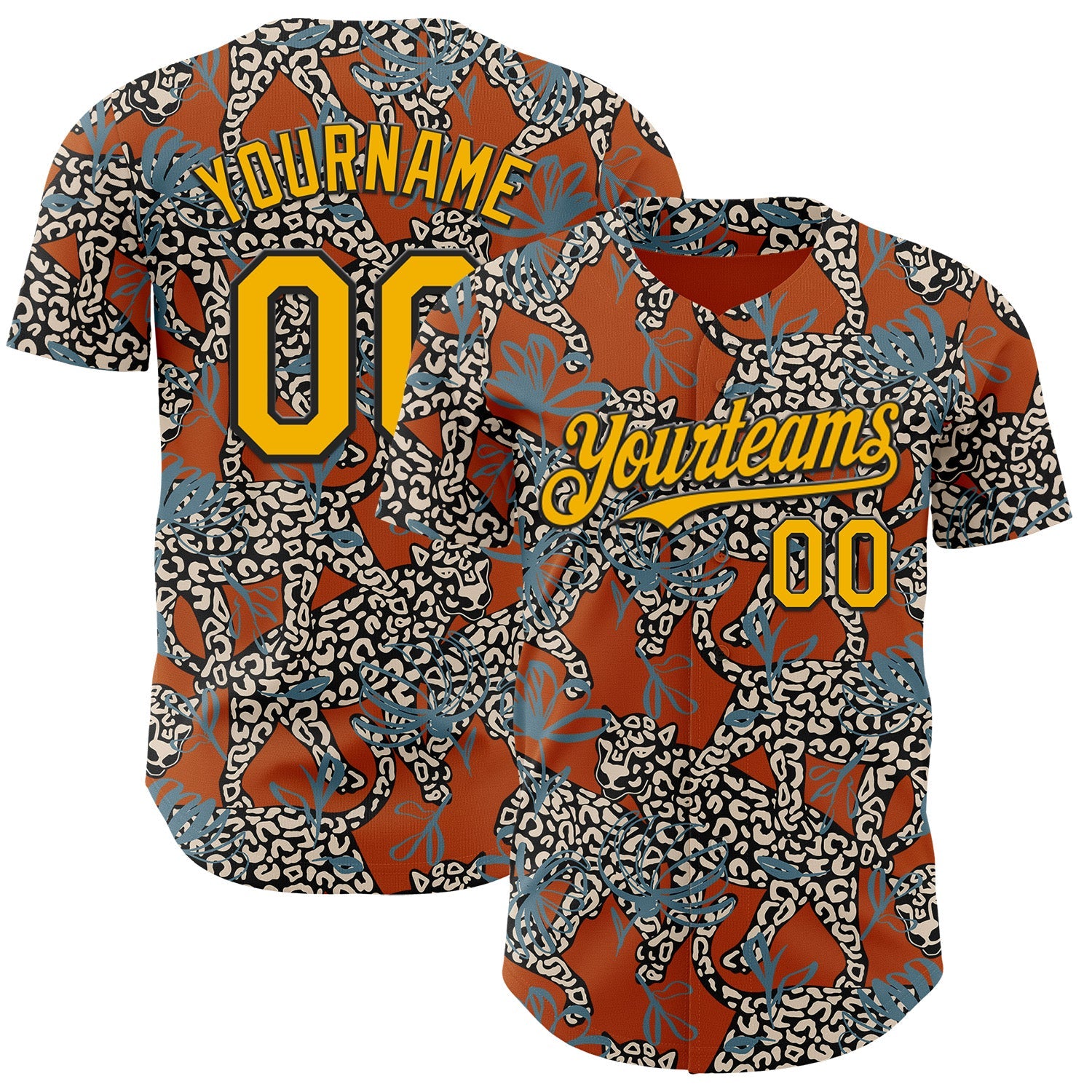 Custom Texas Orange Gold-Black 3D Pattern Design Black History Month Animal Leopard Authentic Baseball Jersey - Main View
