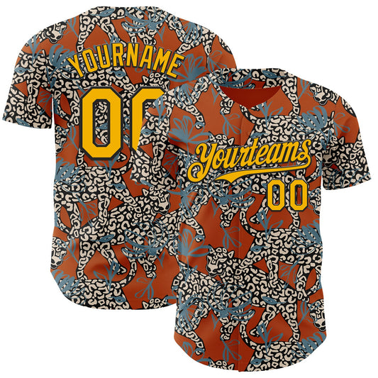 Custom Texas Orange Gold-Black 3D Pattern Design Black History Month Animal Leopard Authentic Baseball Jersey - Main View