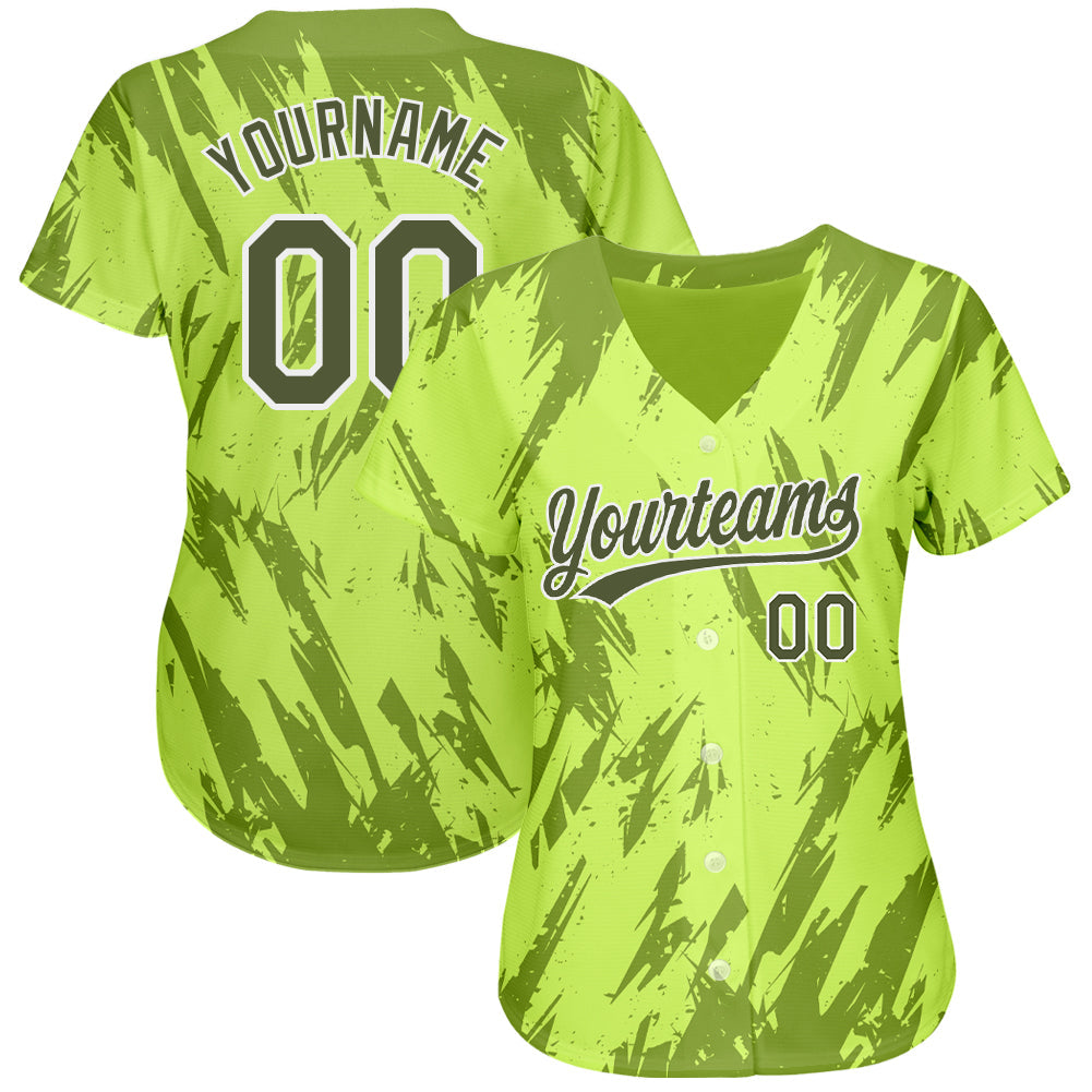 Custom Neon Green Olive-White 3D Pattern Design Authentic Baseball Jersey view 2