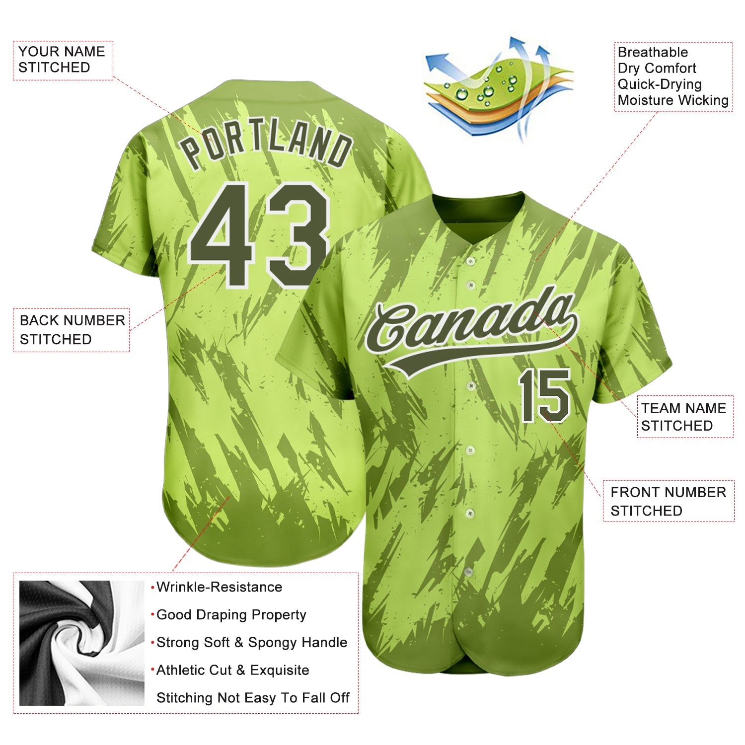 Custom Neon Green Olive-White 3D Pattern Design Authentic Baseball Jersey view 3