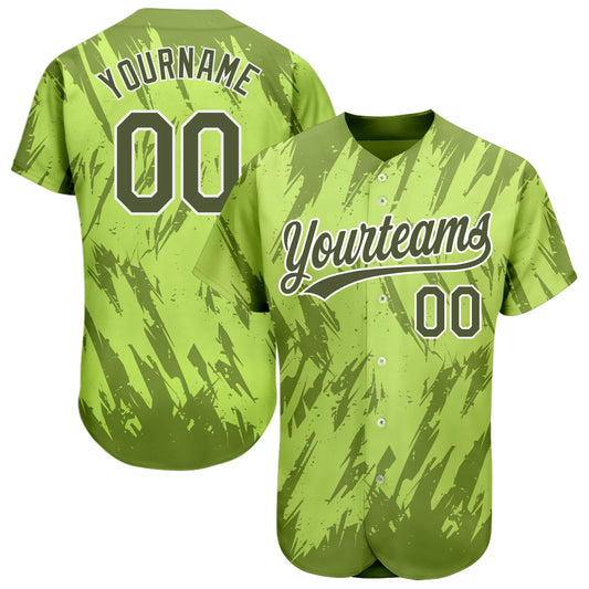 Custom Neon Green Olive-White 3D Pattern Design Authentic Baseball Jersey - Main View