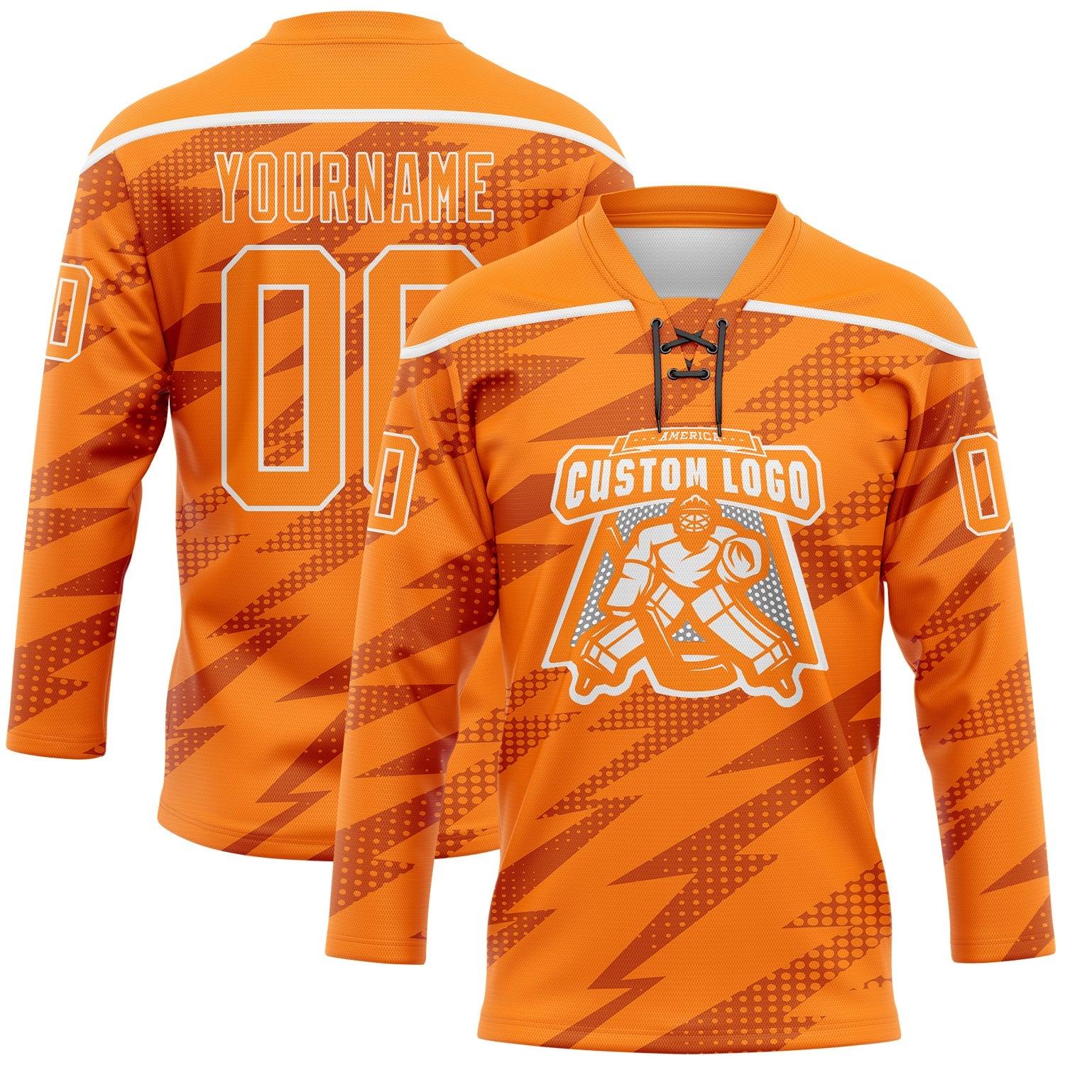 Custom Bay Orange White Lightning Hockey Lace Neck Jersey view 2