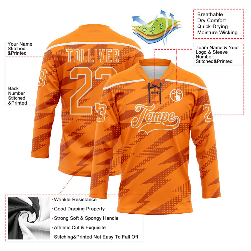 Custom Bay Orange White Lightning Hockey Lace Neck Jersey view 5