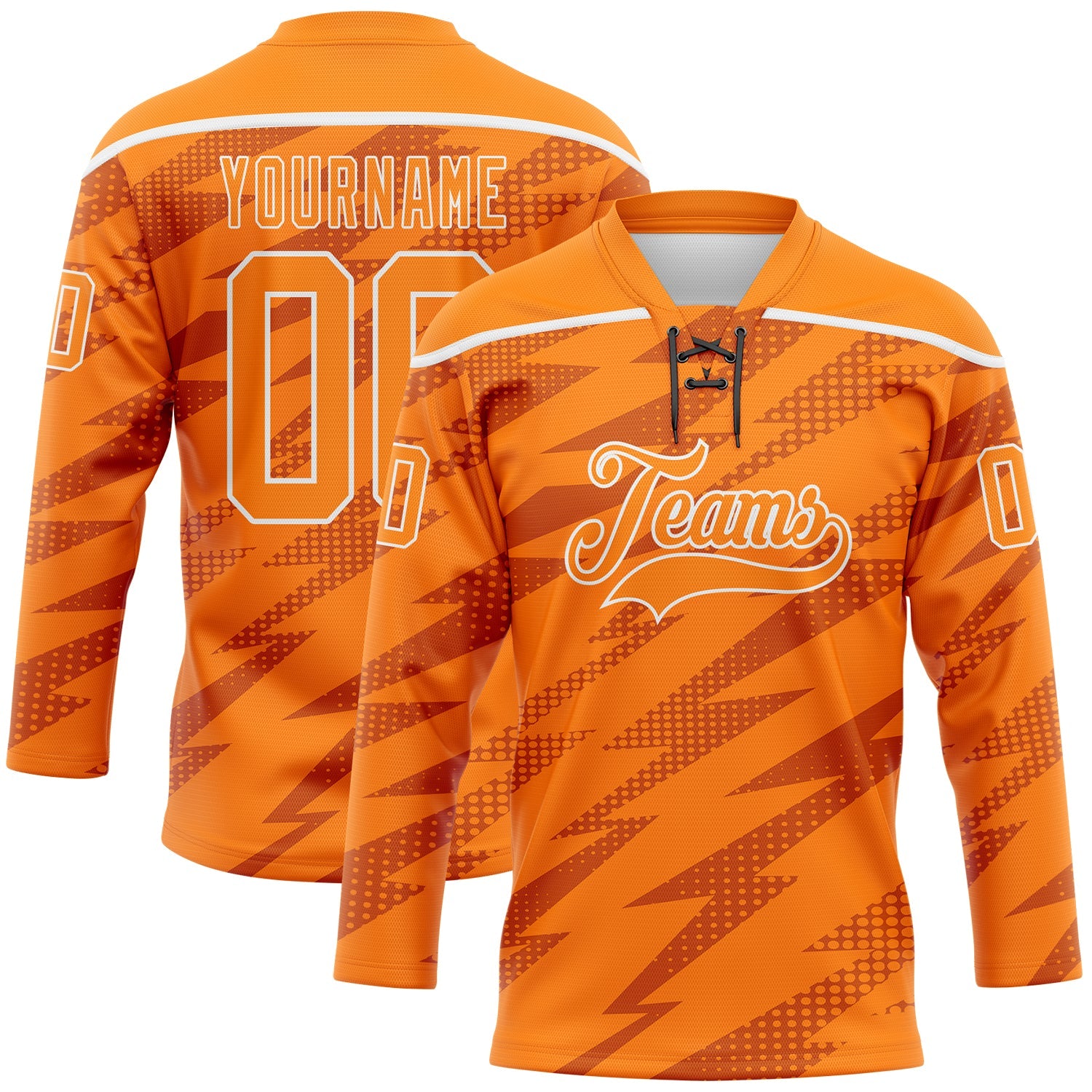 Custom Bay Orange White Lightning Hockey Lace Neck Jersey - Main View