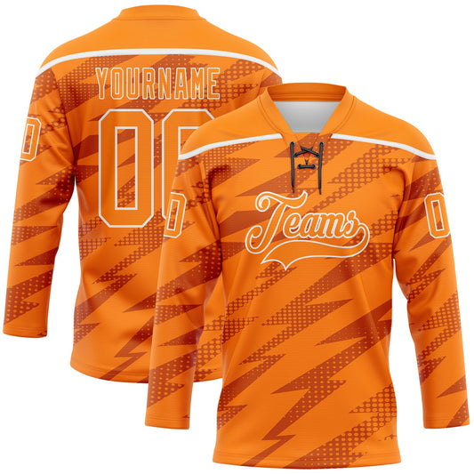 Custom Bay Orange White Lightning Hockey Lace Neck Jersey - Main View