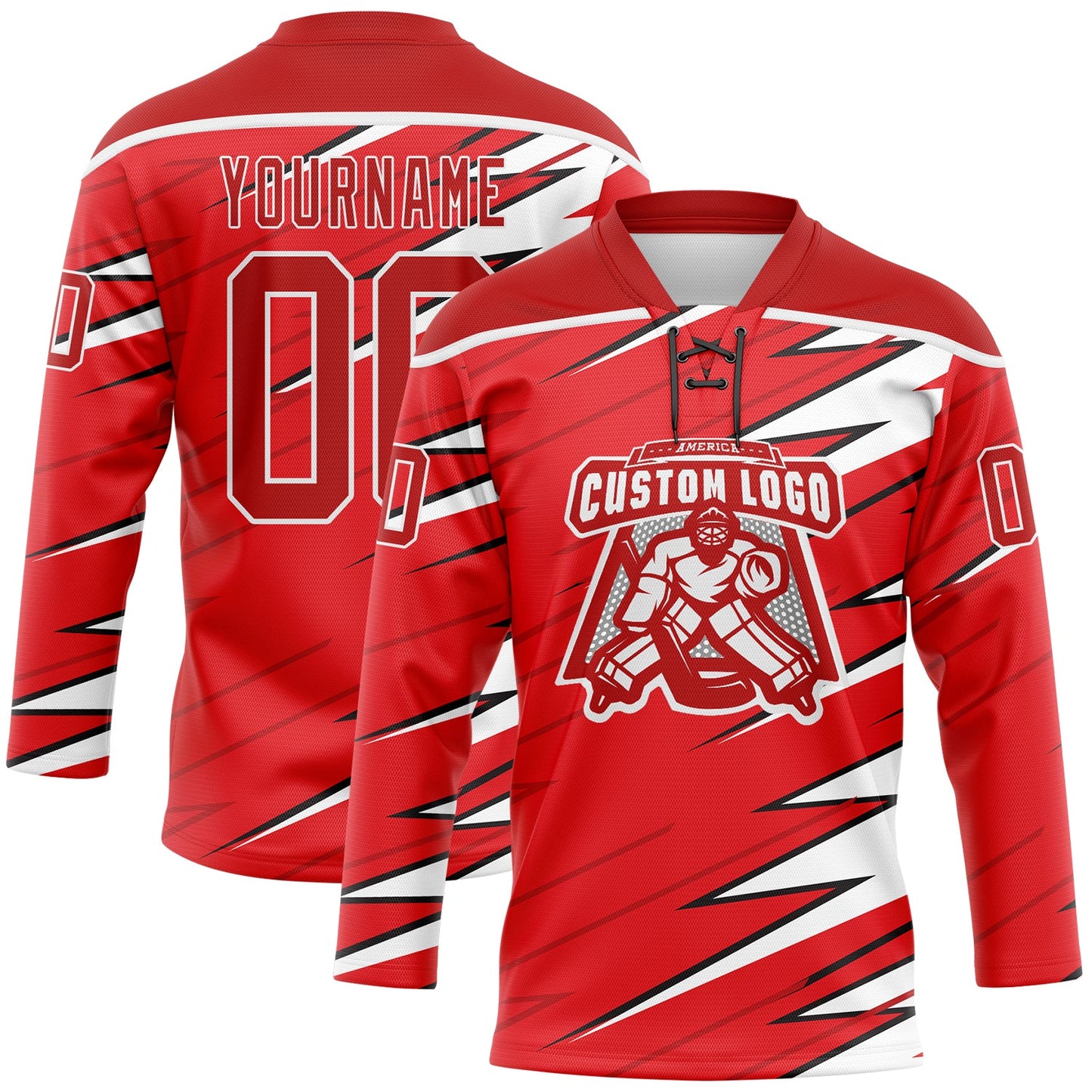 Custom Red Black-White Lightning Hockey Lace Neck Jersey view 2