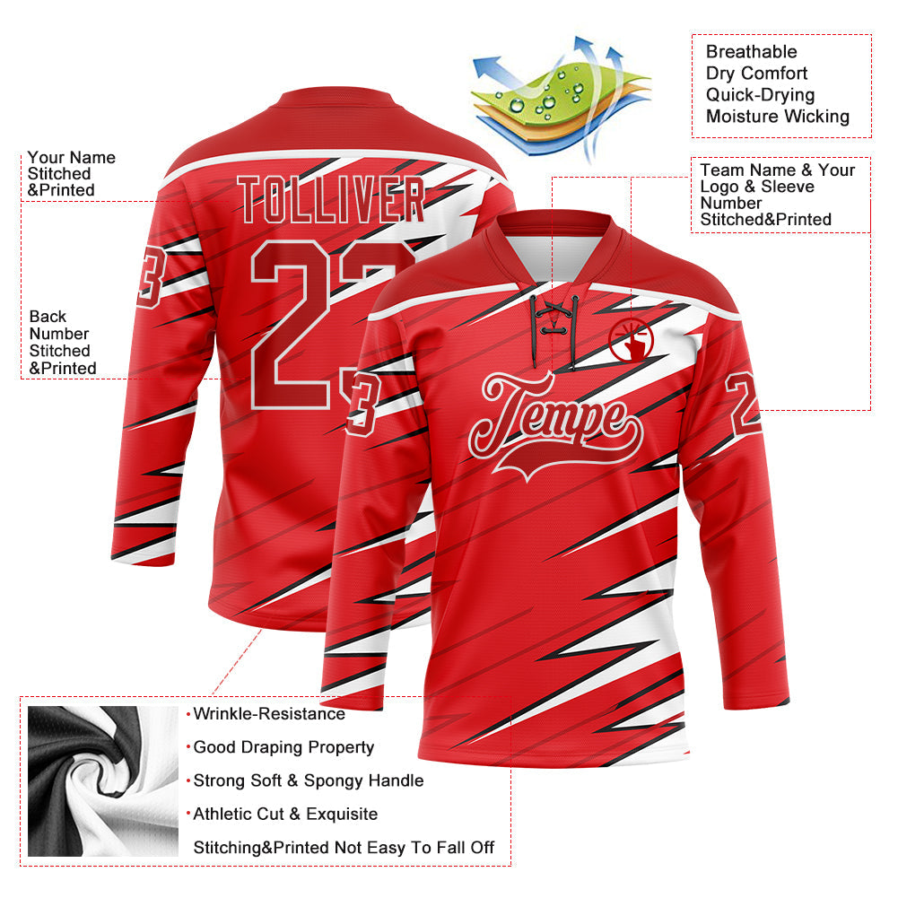 Custom Red Black-White Lightning Hockey Lace Neck Jersey view 5