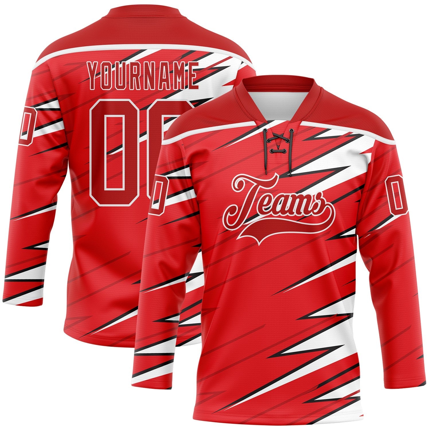 Custom Red Black-White Lightning Hockey Lace Neck Jersey - Main View