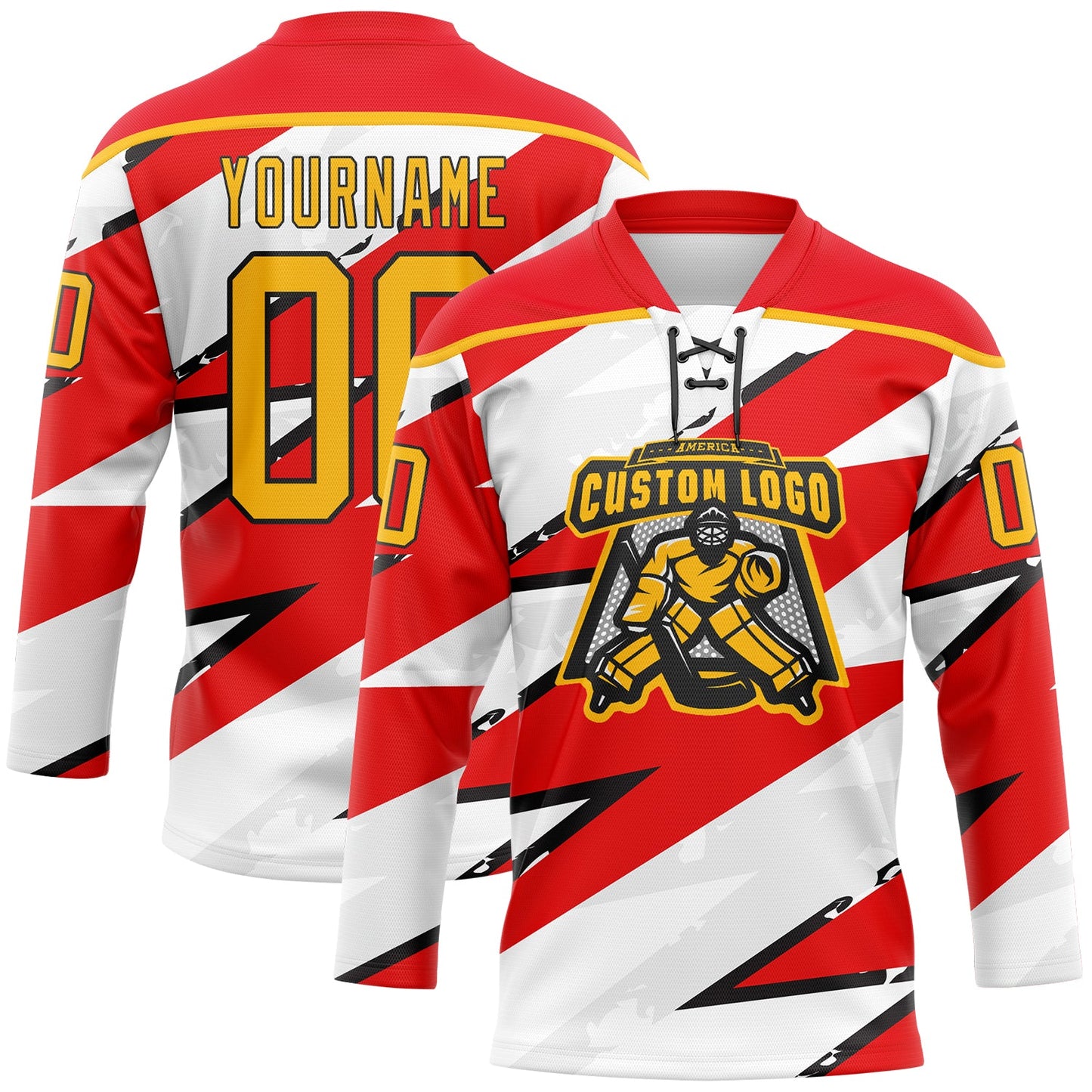 Custom Fire Red Gold Black-White Lightning Hockey Lace Neck Jersey view 2
