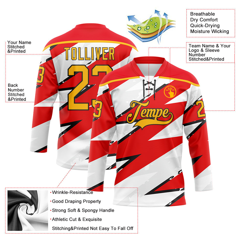 Custom Fire Red Gold Black-White Lightning Hockey Lace Neck Jersey view 5