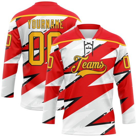 Custom Fire Red Gold Black-White Lightning Hockey Lace Neck Jersey - Main View