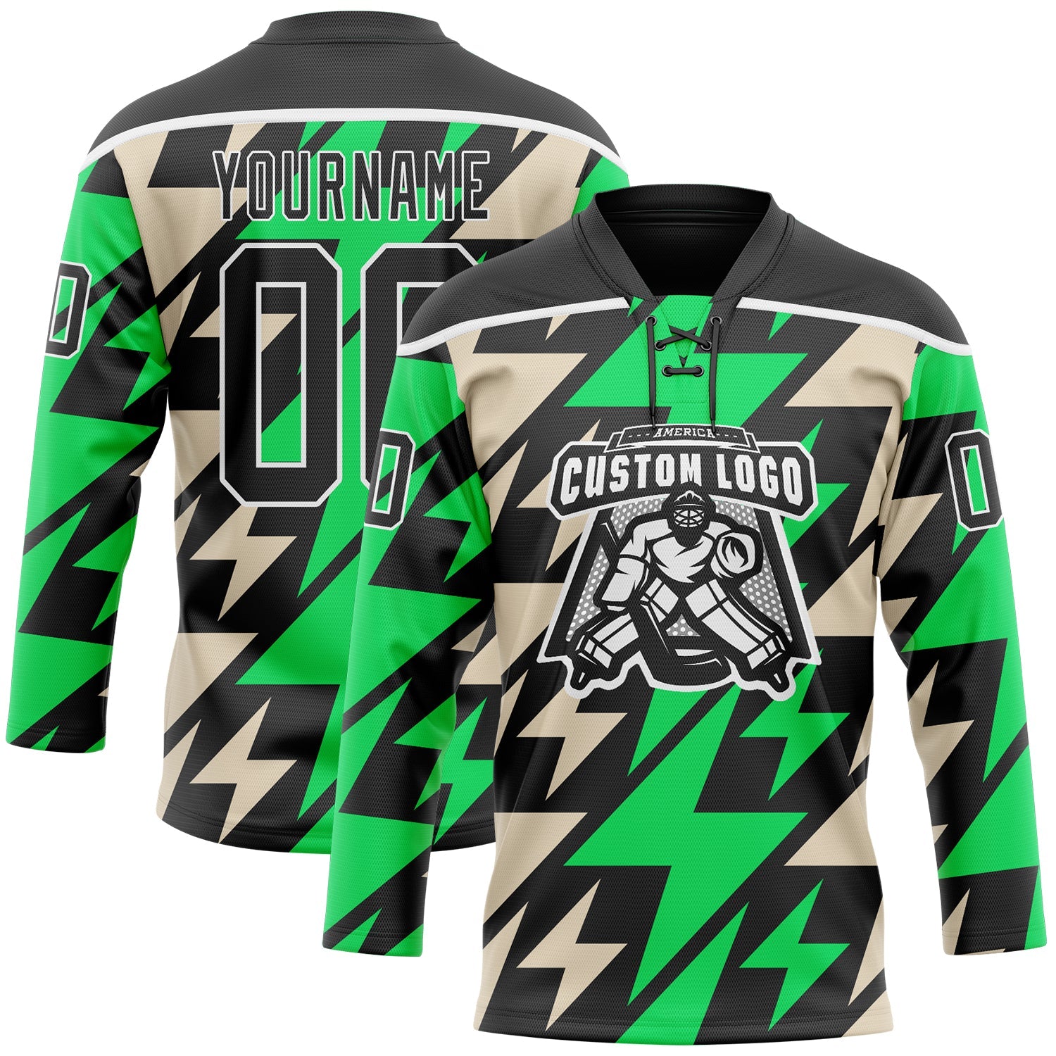 Custom Black Green Cream-White Lightning Hockey Lace Neck Jersey view 2