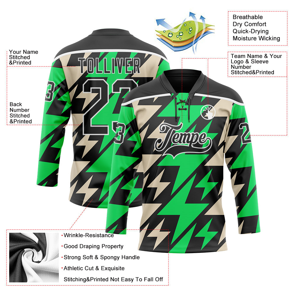 Custom Black Green Cream-White Lightning Hockey Lace Neck Jersey view 5