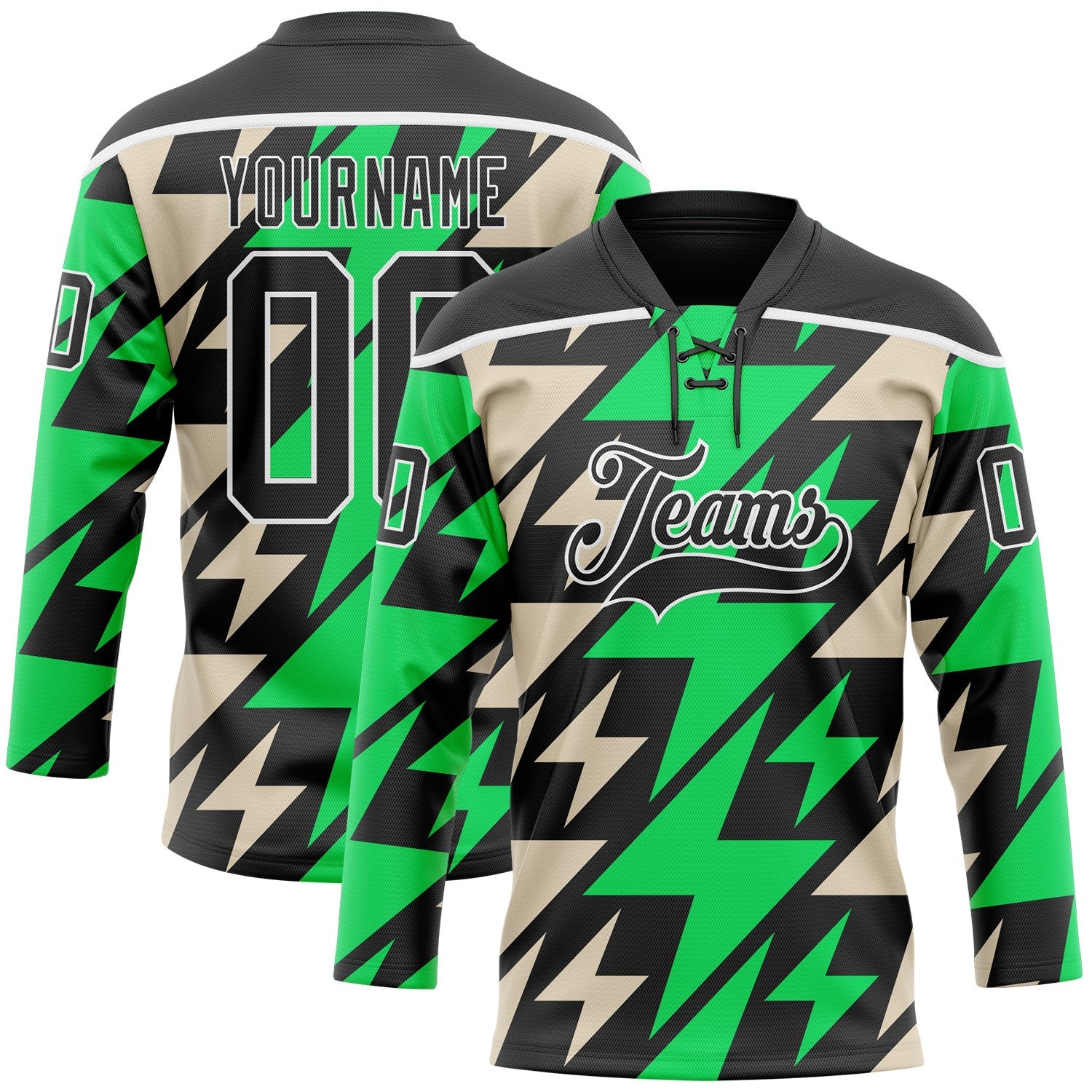 Custom Black Green Cream-White Lightning Hockey Lace Neck Jersey - Main View