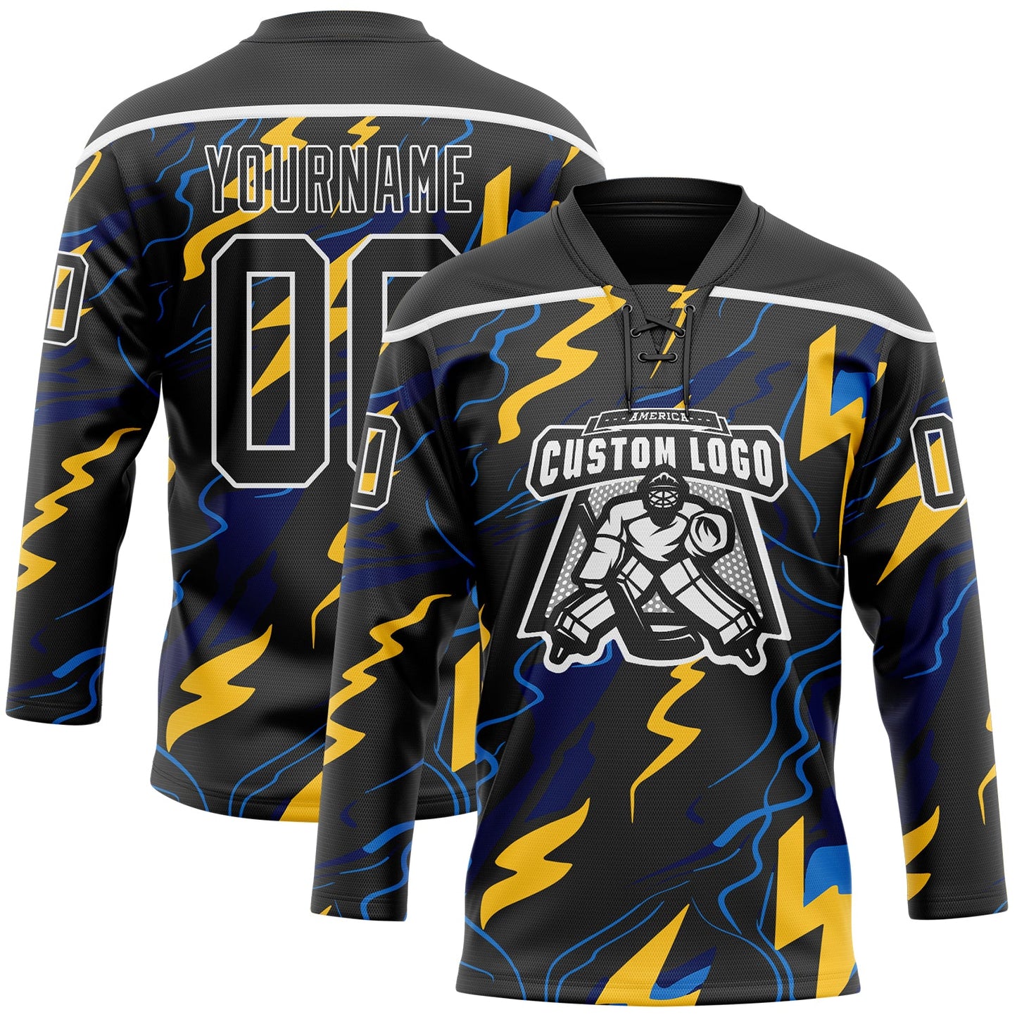 Custom Black Yellow Blue-White Lightning Hockey Lace Neck Jersey view 2