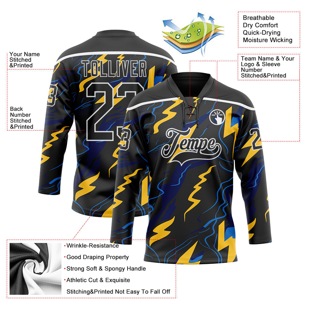 Custom Black Yellow Blue-White Lightning Hockey Lace Neck Jersey view 5