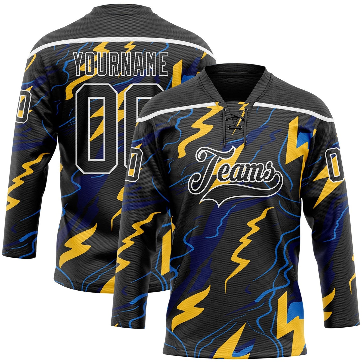 Custom Black Yellow Blue-White Lightning Hockey Lace Neck Jersey - Main View