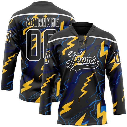 Custom Black Yellow Blue-White Lightning Hockey Lace Neck Jersey - Main View