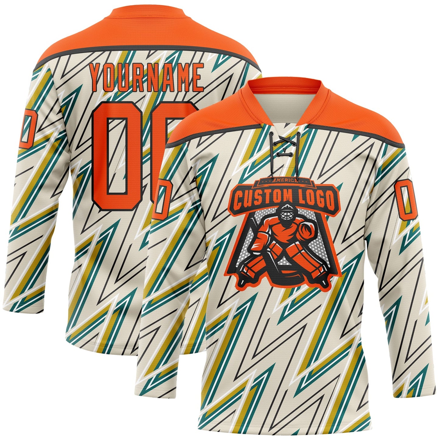 Custom Cream Orange Green Yellow-Black Lightning Hockey Lace Neck Jersey view 2