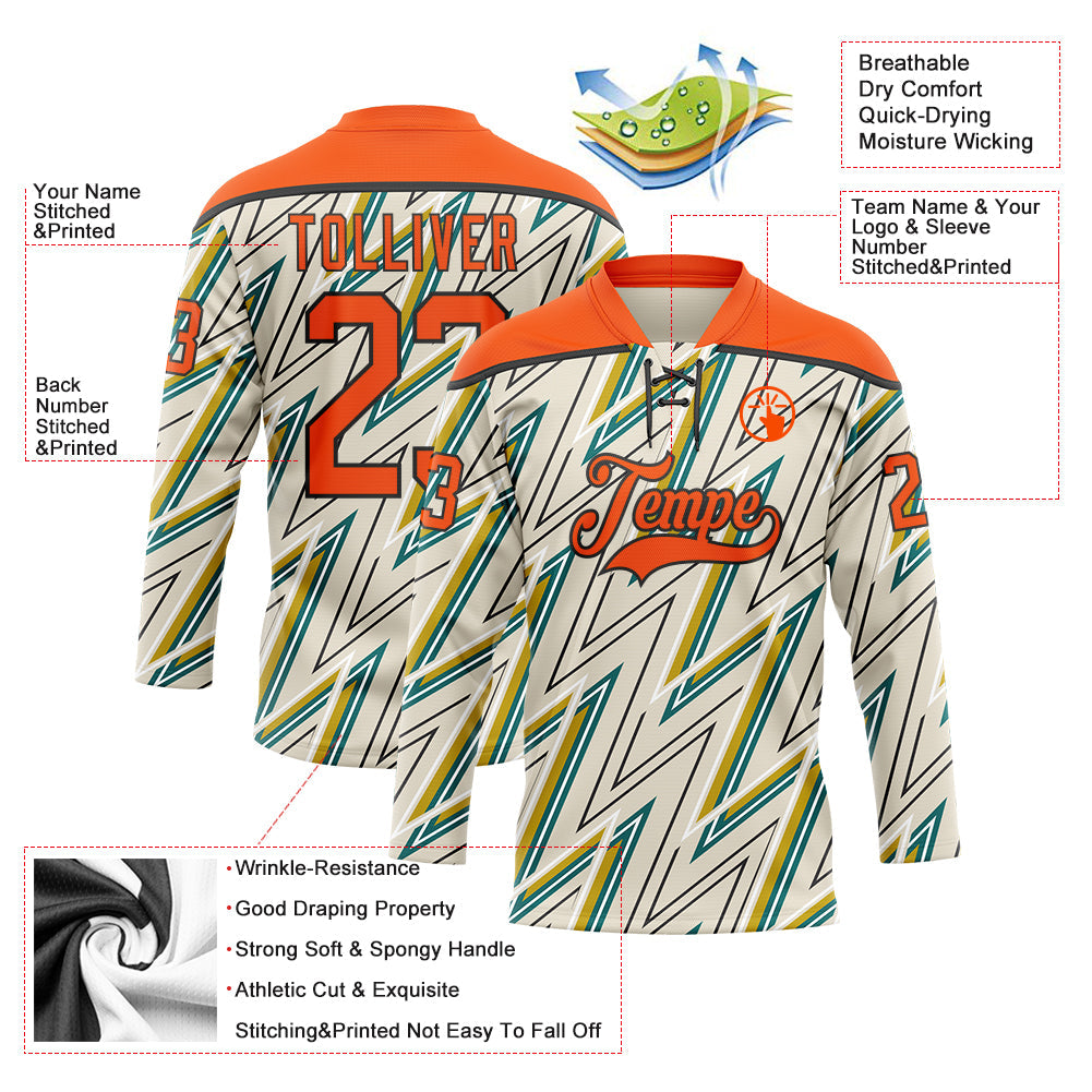 Custom Cream Orange Green Yellow-Black Lightning Hockey Lace Neck Jersey view 5