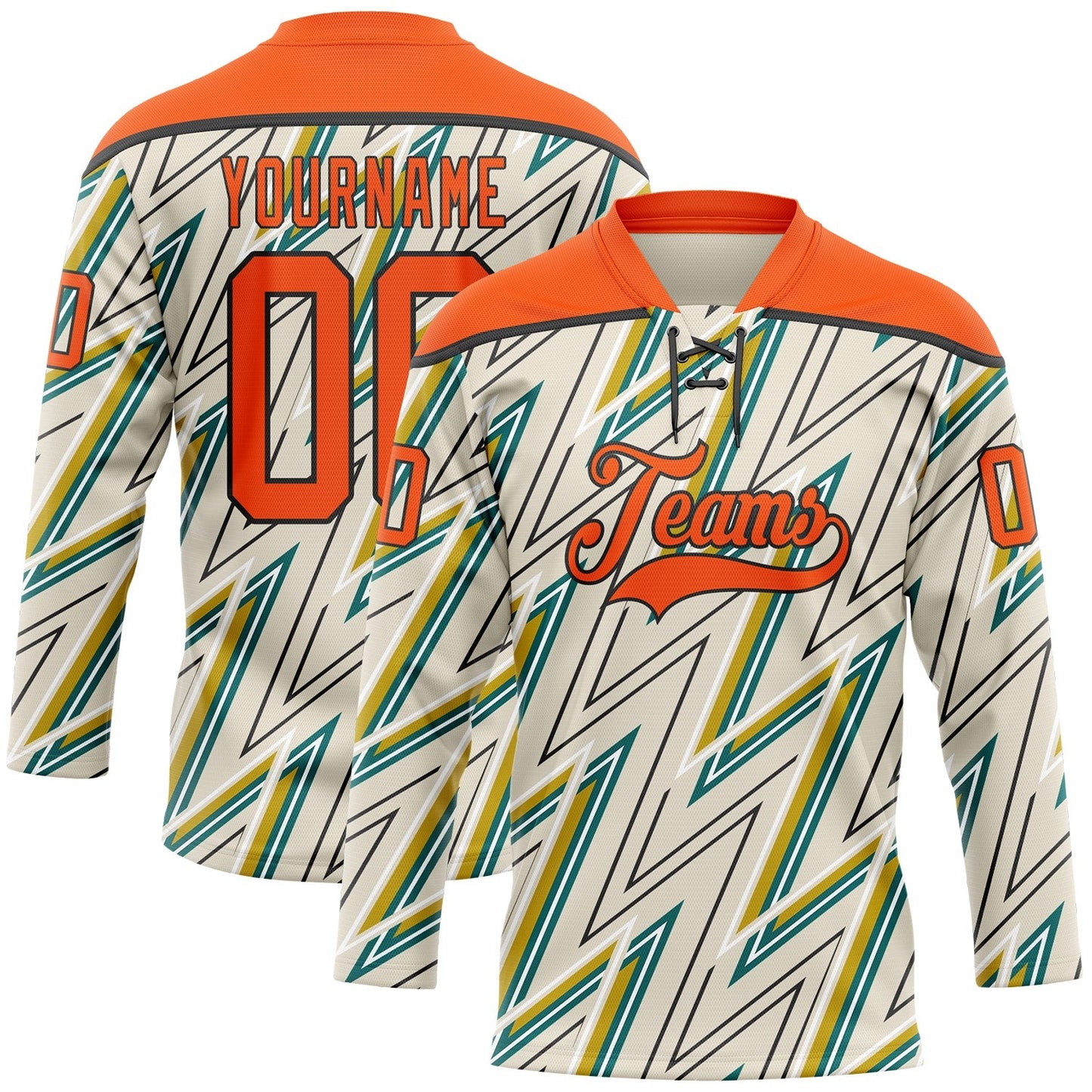 Custom Cream Orange Green Yellow-Black Lightning Hockey Lace Neck Jersey - Main View