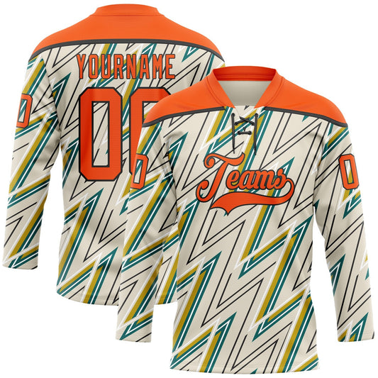 Custom Cream Orange Green Yellow-Black Lightning Hockey Lace Neck Jersey - Main View