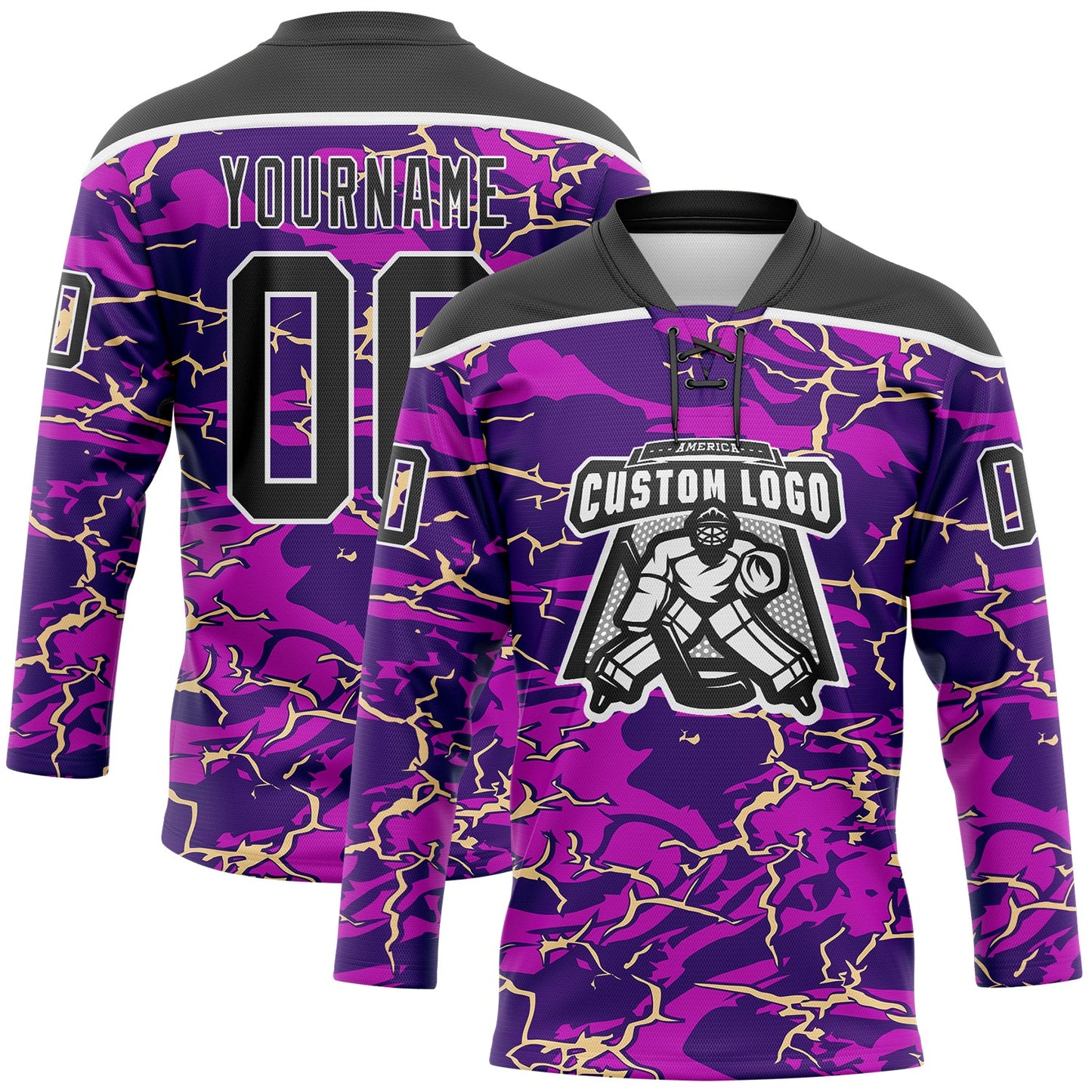 Custom Purple Black Cream-White Lightning Hockey Lace Neck Jersey view 2