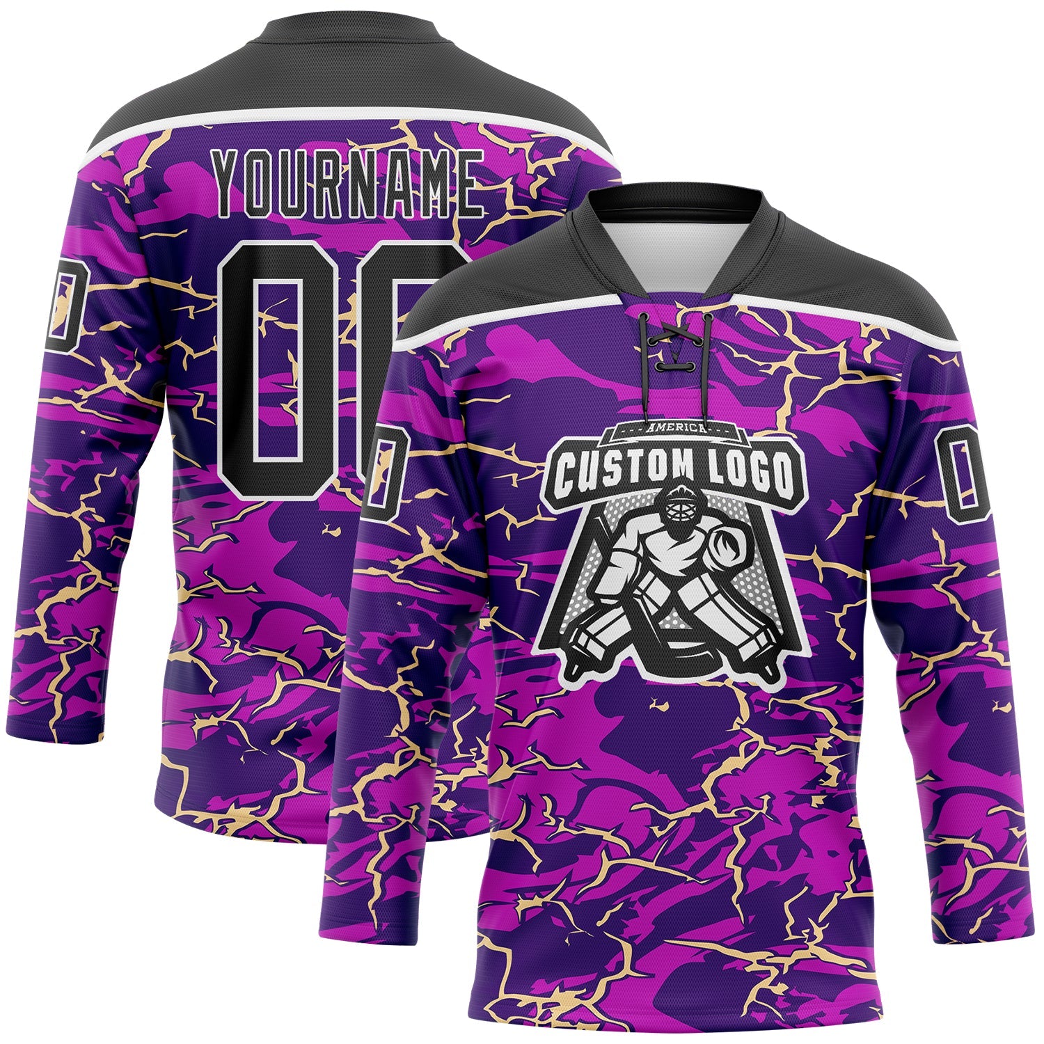 Custom Purple Black Cream-White Lightning Hockey Lace Neck Jersey view 2