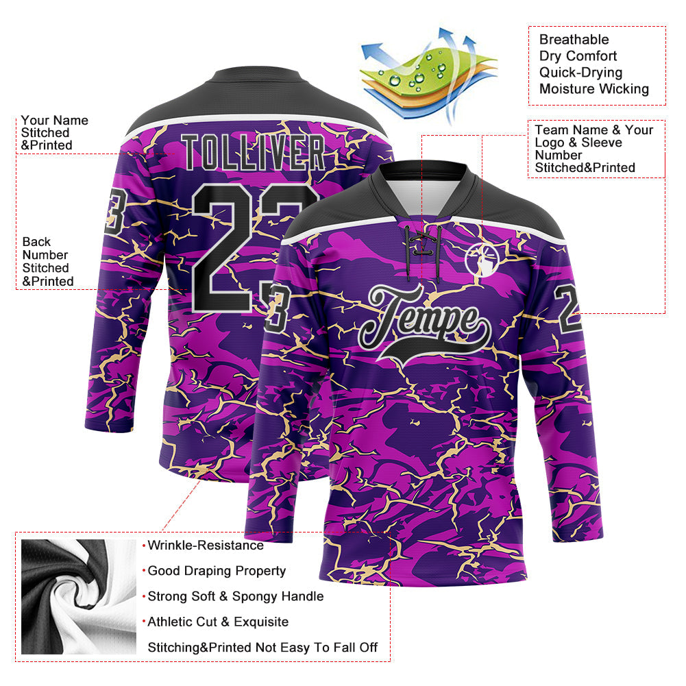 Custom Purple Black Cream-White Lightning Hockey Lace Neck Jersey view 5