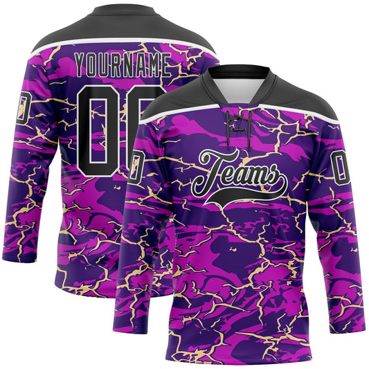 Custom Purple Black Cream-White Lightning Hockey Lace Neck Jersey - Main View