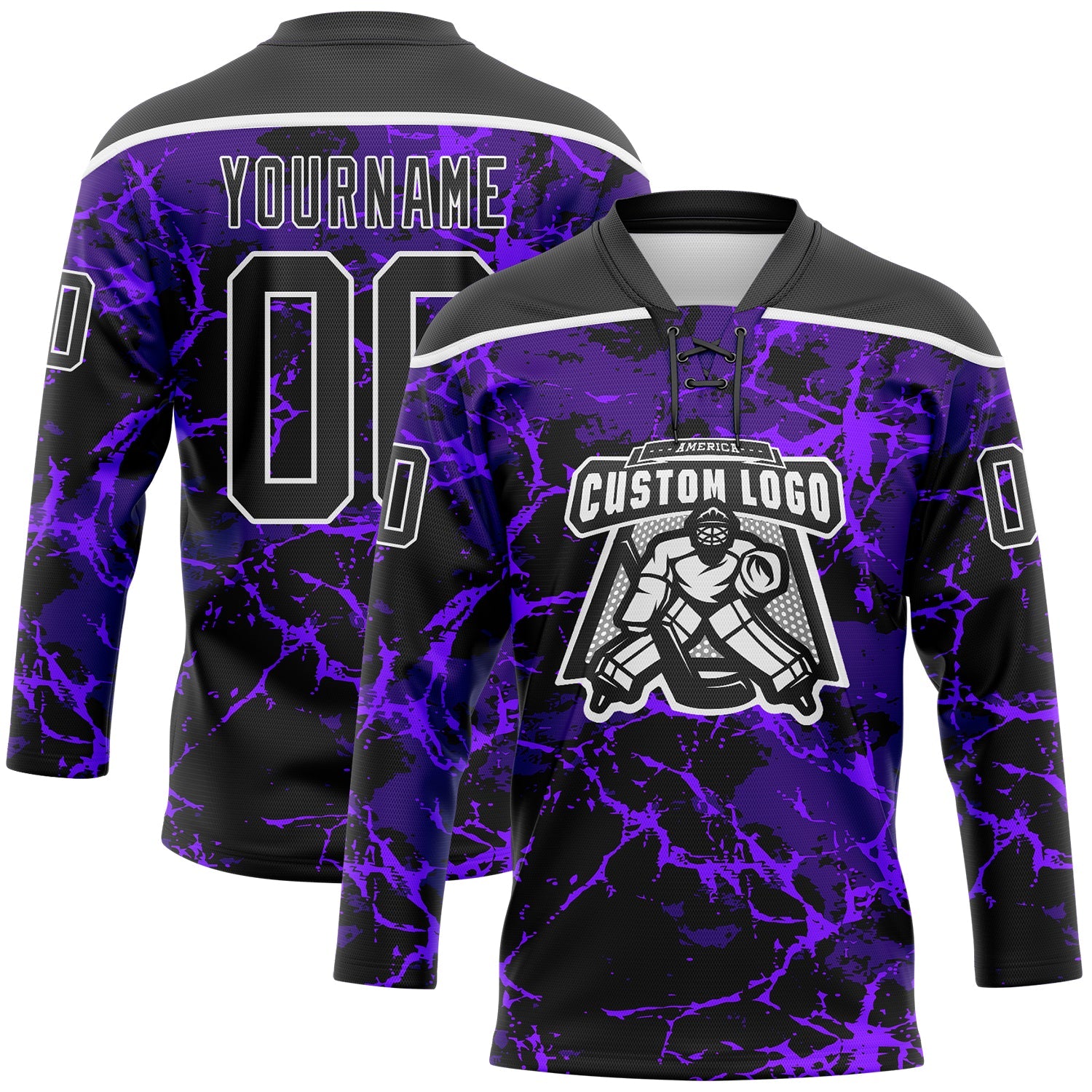 Custom Purple Black-White Lightning Hockey Lace Neck Jersey view 2