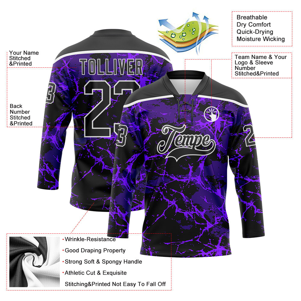 Custom Purple Black-White Lightning Hockey Lace Neck Jersey view 5