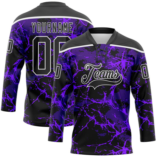 Custom Purple Black-White Lightning Hockey Lace Neck Jersey - Main View