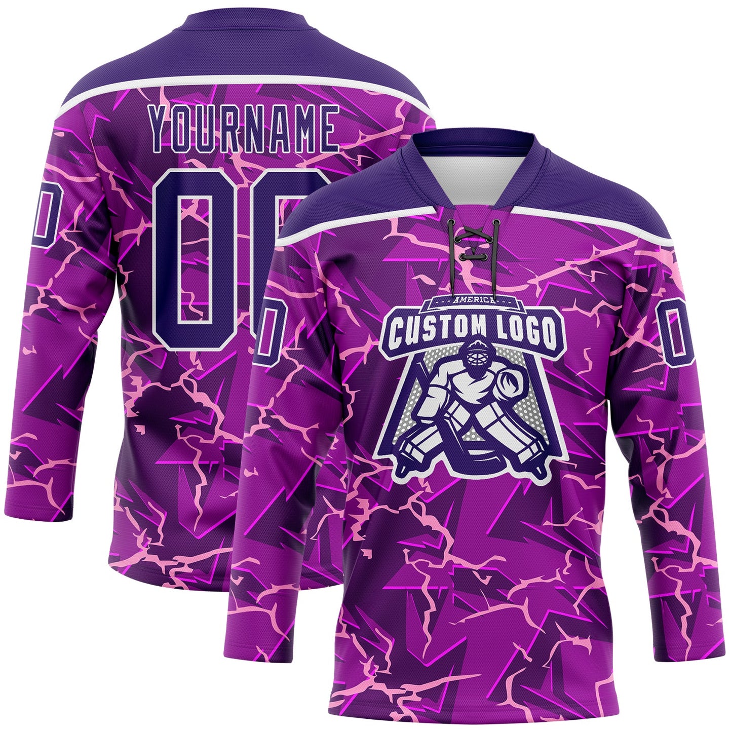 Custom Purple Black Pink-White Lightning Hockey Lace Neck Jersey view 2
