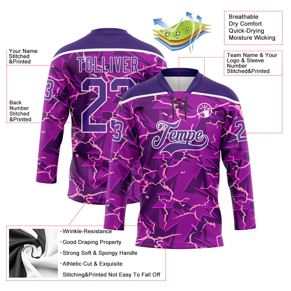 Custom Purple Black Pink-White Lightning Hockey Lace Neck Jersey view 5