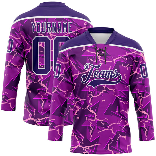 Custom Purple Black Pink-White Lightning Hockey Lace Neck Jersey - Main View
