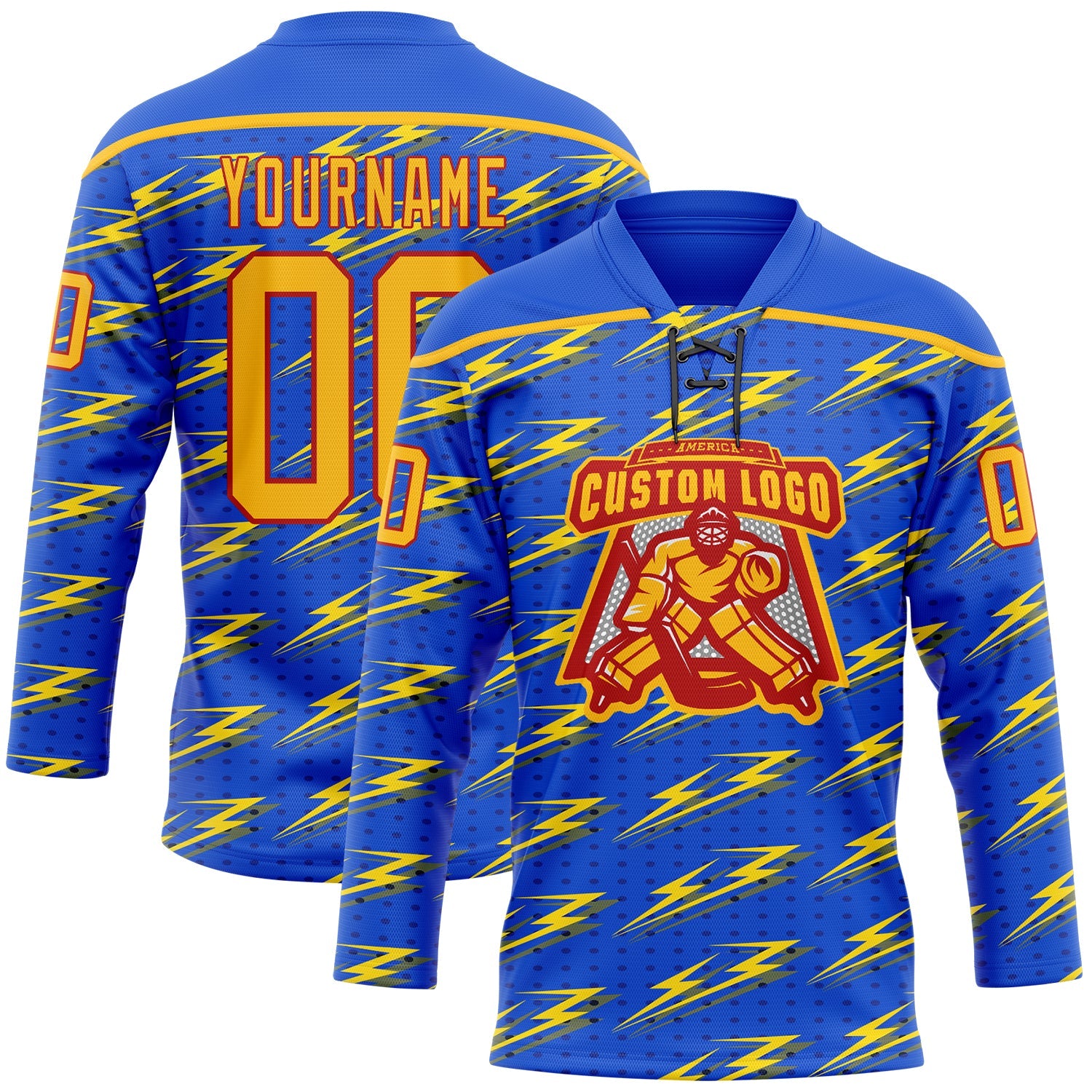 Custom Thunder Blue Gold-Red Lightning Hockey Lace Neck Jersey view 2
