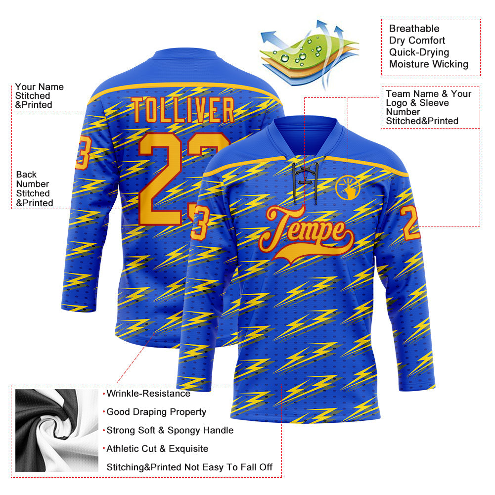 Custom Thunder Blue Gold-Red Lightning Hockey Lace Neck Jersey view 5