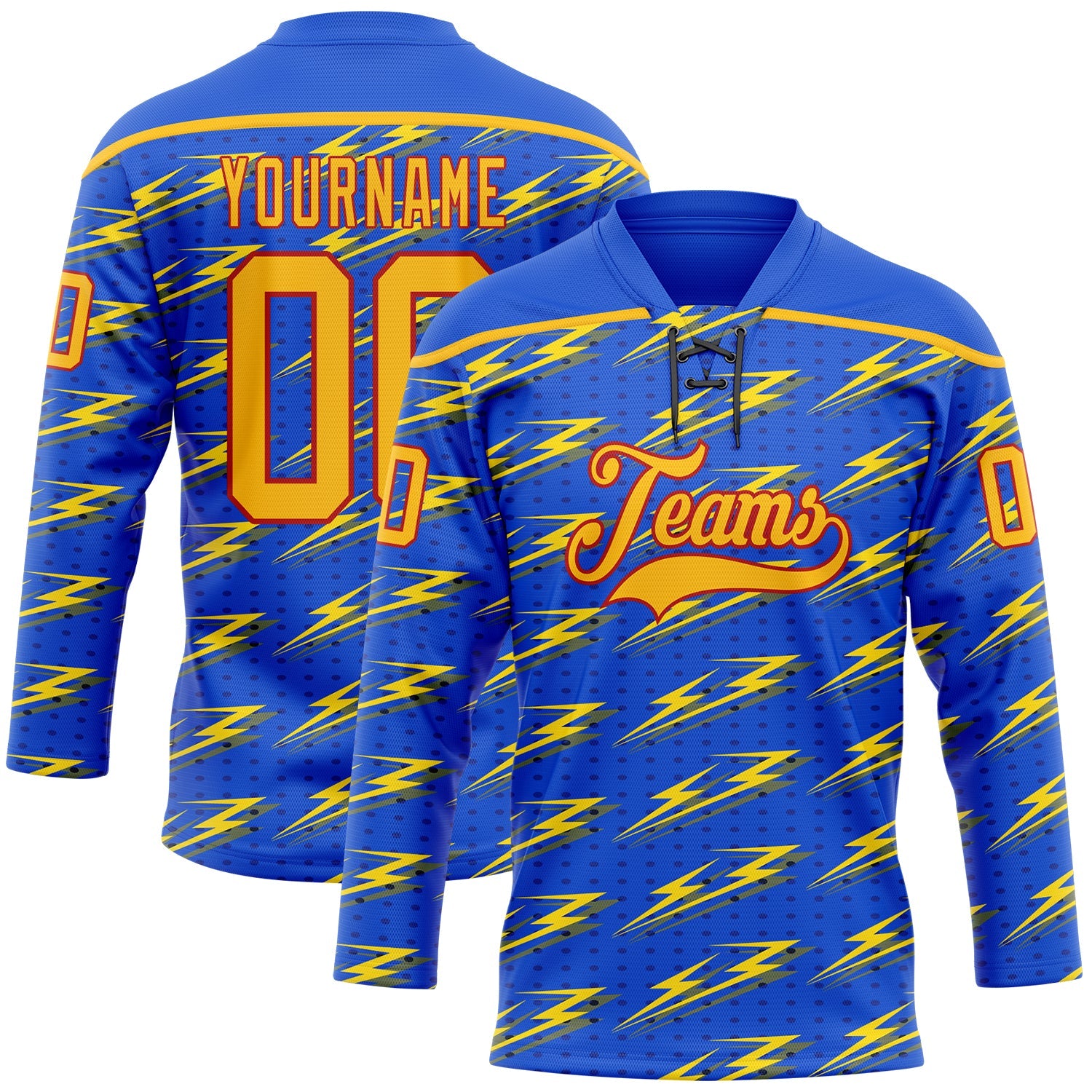 Custom Thunder Blue Gold-Red Lightning Hockey Lace Neck Jersey - Main View