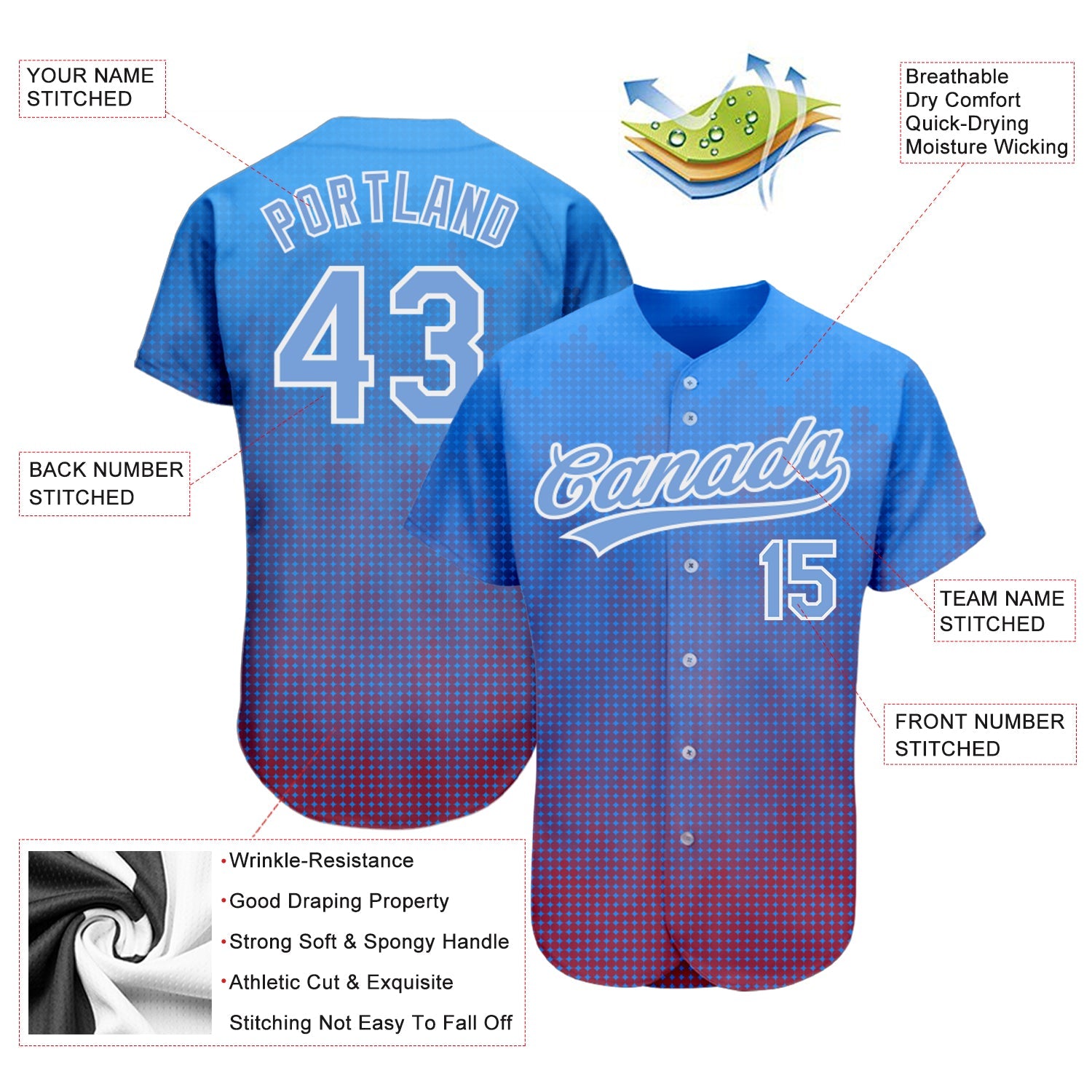 Custom Royal Light Blue-Red 3D Pattern Design Authentic Baseball Jersey view 3