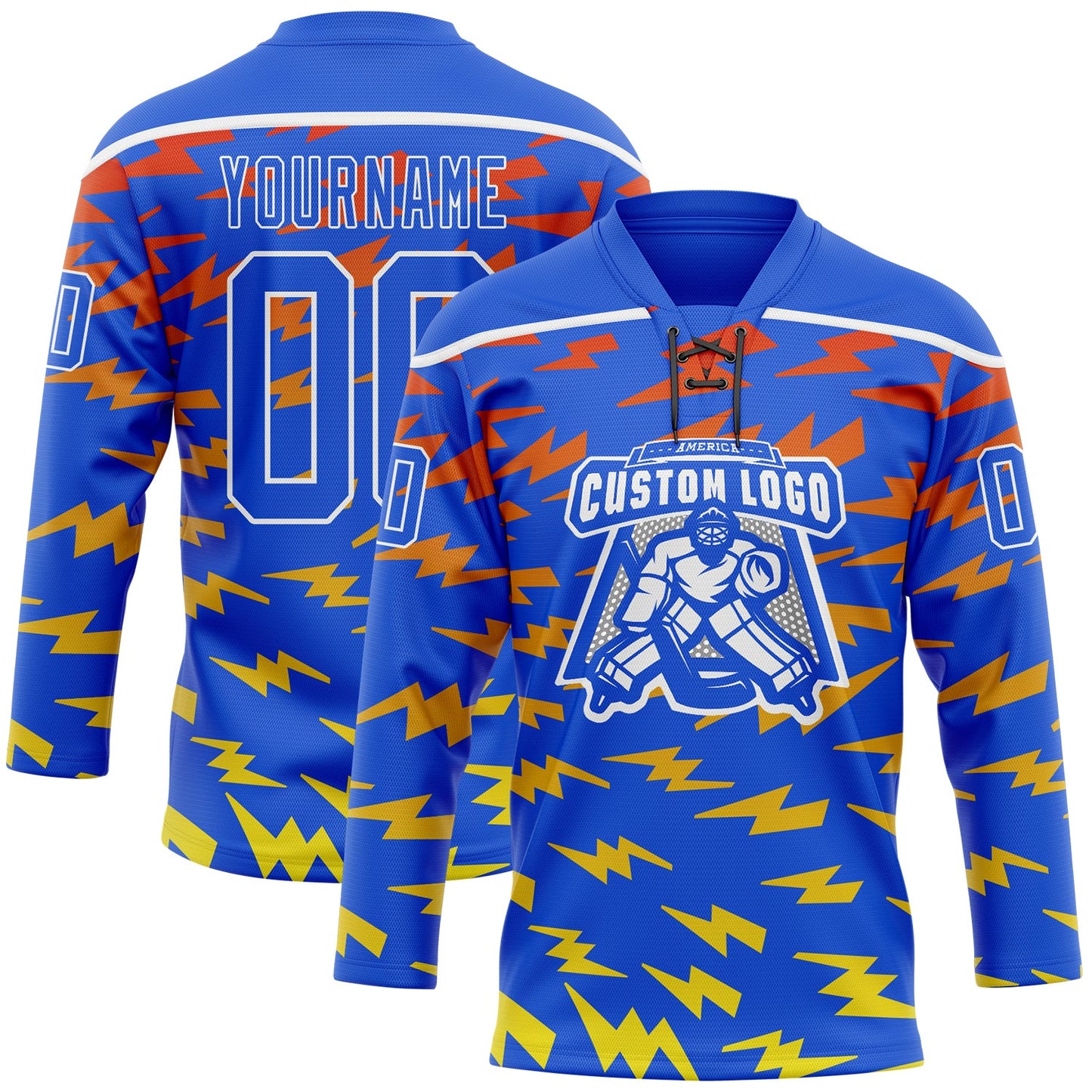 Custom Thunder Blue Red Yellow-White Lightning Hockey Lace Neck Jersey view 2