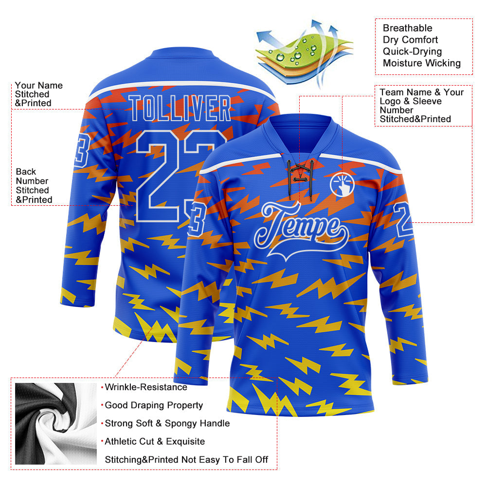 Custom Thunder Blue Red Yellow-White Lightning Hockey Lace Neck Jersey view 5