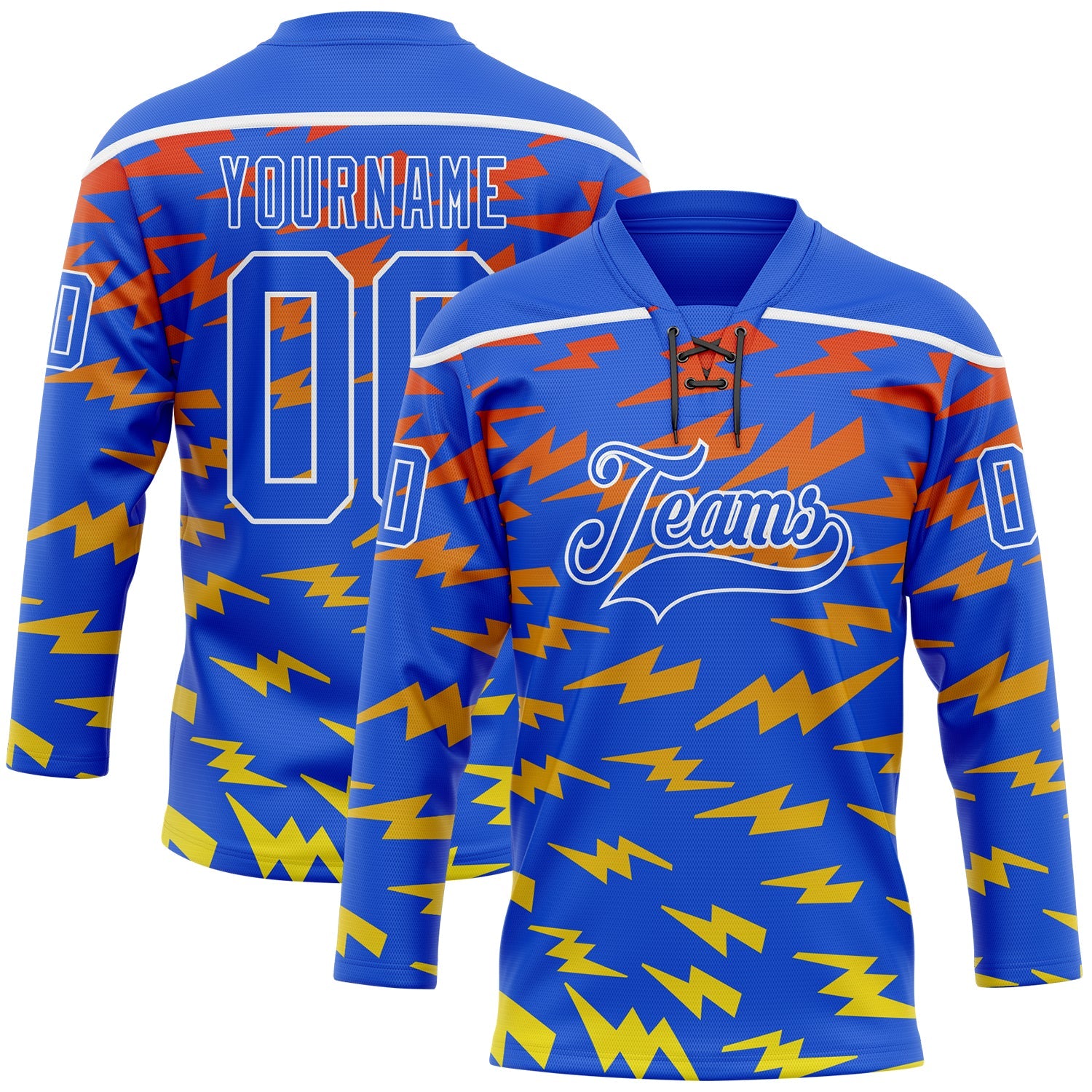 Custom Thunder Blue Red Yellow-White Lightning Hockey Lace Neck Jersey - Main View