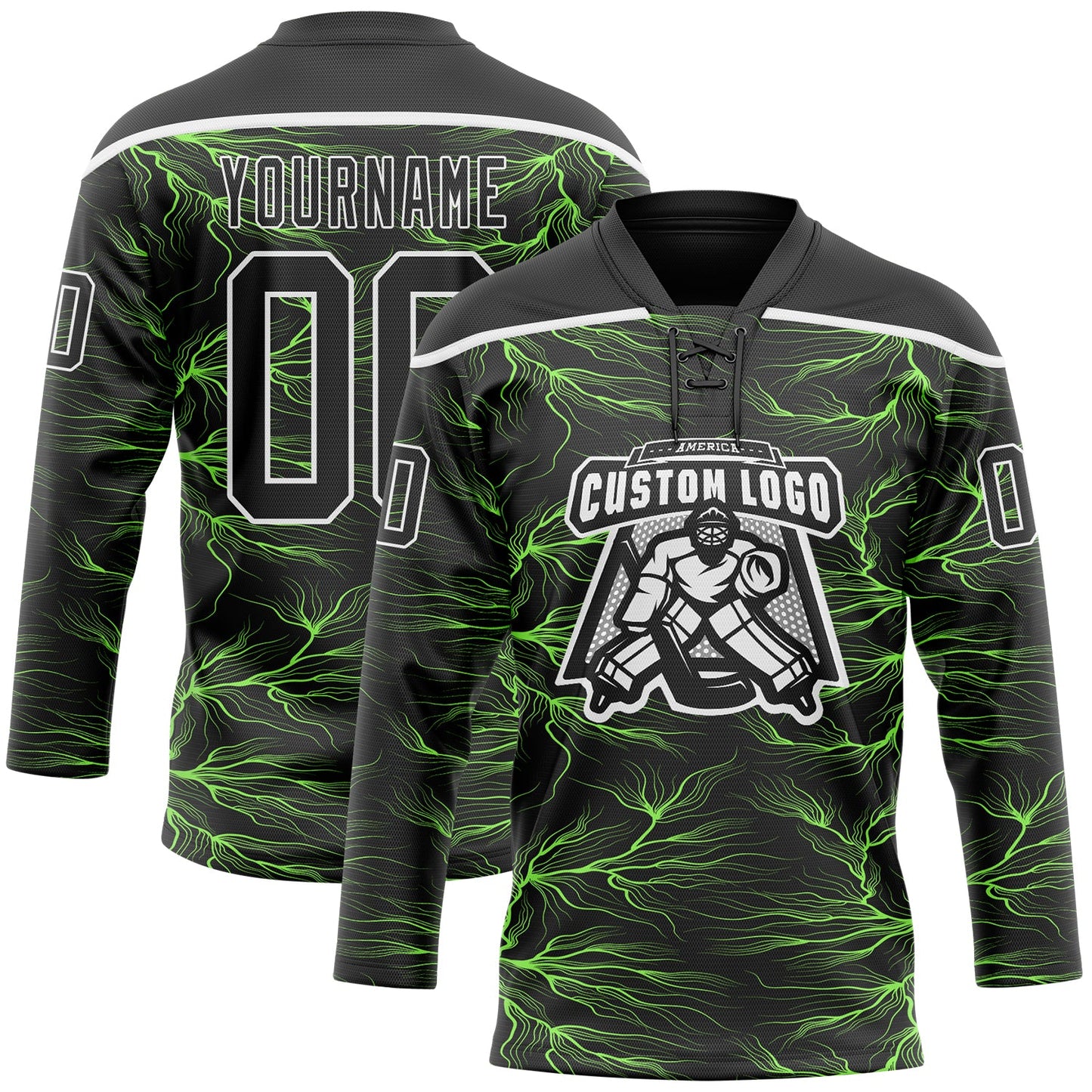 Custom Black Green-White Lightning Hockey Lace Neck Jersey view 2